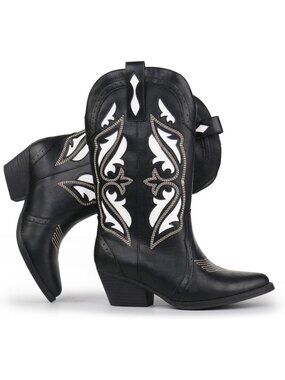 Women’s Black Embroidered Western Booties Pointed Toe Chunky Block Heel Pull On